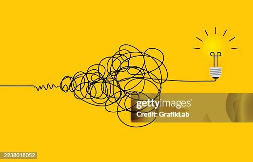 Künstlerische Darstellung der Lösung komplexer Probleme durch kreatives Denken, symbolisiert durch eine verworrene Linie, die zu einer beleuchteten Glühbirne führt Künstlerische Darstellung der Lösung komplexer Probleme durch kreatives Denken, symbolisiert durch eine verworrene Linie, die zu einer beleuchteten Glühbirne führt