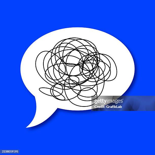 digital illustration featuring speech bubble with random scribbled black lines against vibrant blue background - cluttered background stock illustrations