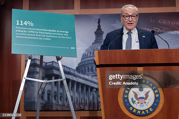 Senate Minority Leader Chuck Schumer speaks at a press conference with other members of Senate Democratic leadership following two failed votes to...