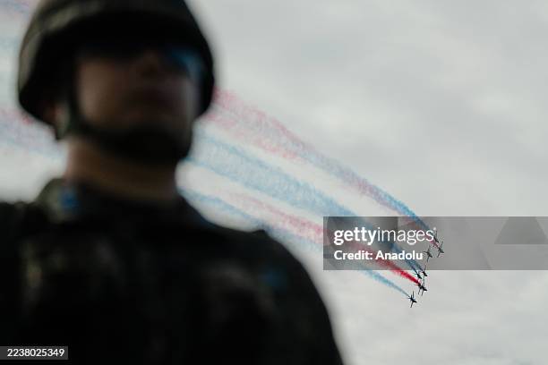 Military personnel take part in the event for the Media Day during The 77th Armed Forces Day of the Republic of Korea in Gyeryong, South Korea on...