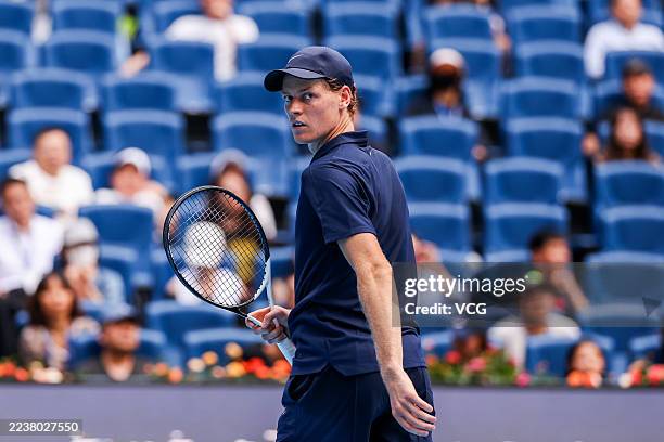 Jannik Sinner of Italy reacts in the Men's Singles Quarterfinal match against Fabian Marozsan of Hungary on day 8 of the 2025 China Open at the...