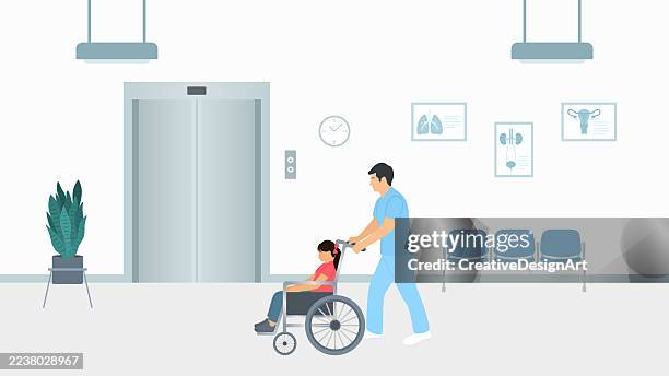 ilustraciones, imágenes clip art, dibujos animados e iconos de stock de pasillo del hospital con trabajador de la salud ayudando a una niña en silla de ruedas - asistente de enfermera