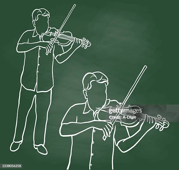 solo violinist standing sketch chalkboard - tuning instrument stock illustrations