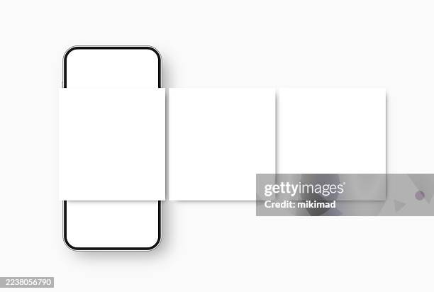realistic smartphone with carousel interface post on social network. social media design concept. social media carousel post template mockup. transparent background. vector illustration, eps 10. - carousel mockup stock illustrations