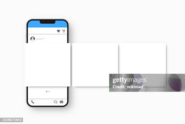 realistic smartphone with carousel interface post on social network. social media design concept. social media carousel post template mockup. transparent background. vector illustration, eps 10. - iphone transparent background stock illustrations