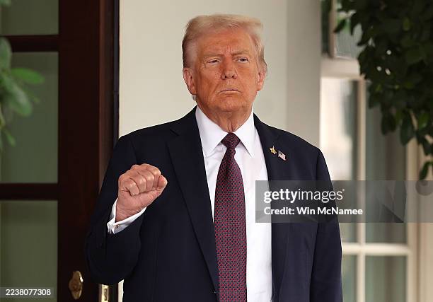 President Donald Trump pumps his first as he waits to welcome Israeli Prime Minister Benjamin Netanyahu at the White House on September 29, 2025 in...