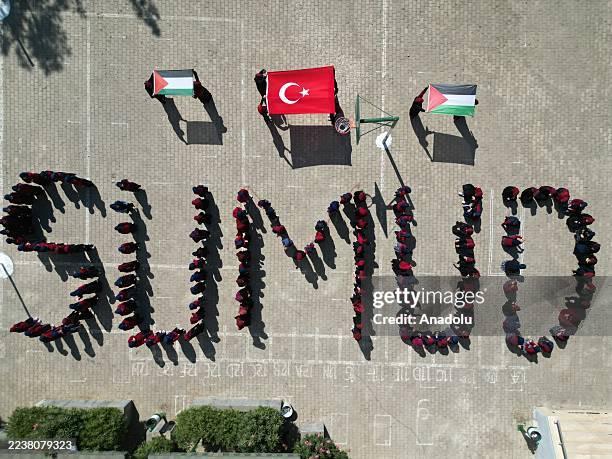 Students of Yusuf Sami Anatolian Imam Hatip High School show solidarity with Global Sumud Flotilla creating a 'Sumud' choreography, in Siverek...