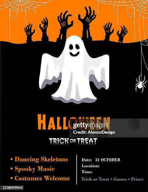 halloween poster with skeleton hands, ghost and logo text – vector illustration. - portrait dark background stock illustrations