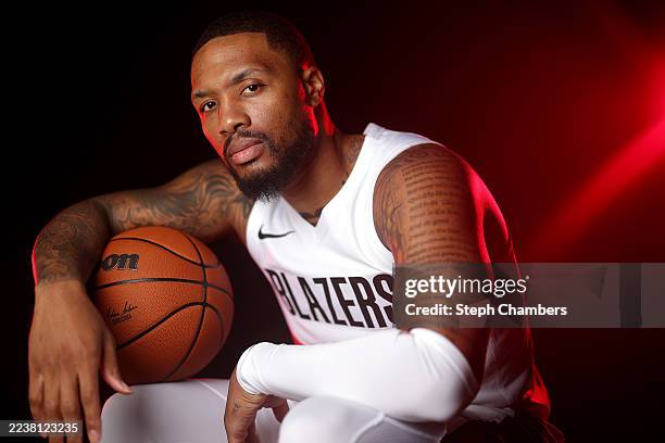 Damian Lillard of the Portland Trail Blazers poses for a portrait during media day at Moda Center on September 29, 2025 in Portland, Oregon. NOTE TO...