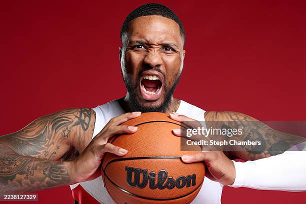 Damian Lillard of the Portland Trail Blazers poses for a portrait during media day at Moda Center on September 29, 2025 in Portland, Oregon. NOTE TO...