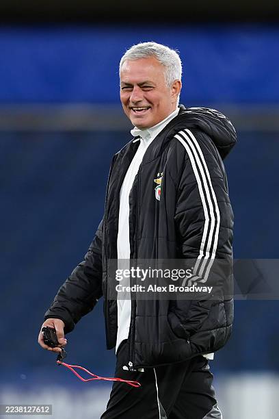 Jose Mourinho, Head Coach of SL Benfica, reacts during a SL Benfica Training Session at Stamford Bridge on September 29, 2025 in London, England.