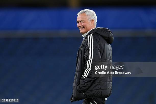 Jose Mourinho, Head Coach of SL Benfica, reacts during a SL Benfica Training Session at Stamford Bridge on September 29, 2025 in London, England.