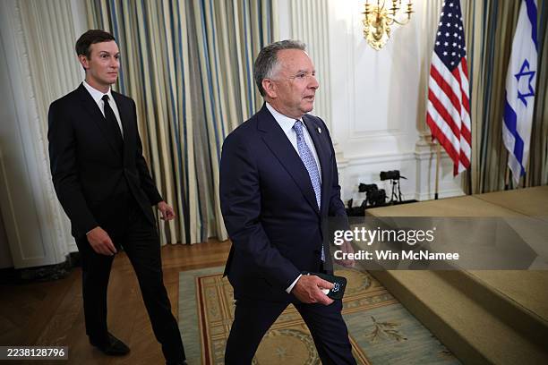 Special Envoy to the Middle East Steve Witkoff and Jared Kushner, san-in-law and advisor to President Donald Trump, arrive for a joint news...