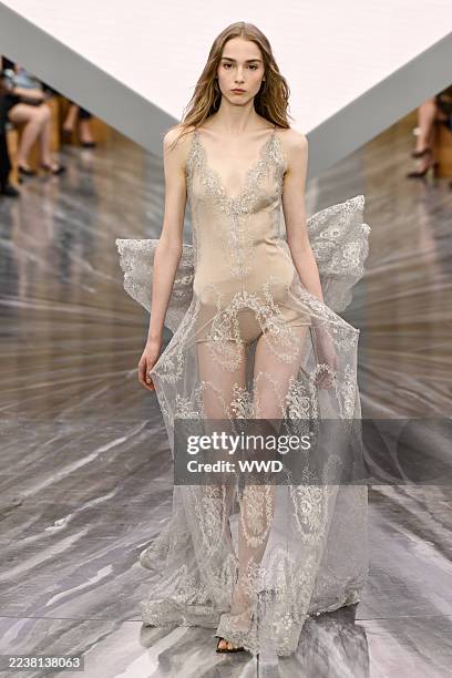 Model on the runway at the Christian Dior fashion show as part of Spring/Summer 2026 Paris Fashion Week held at Les Tuileries on October 01, 2025 in...