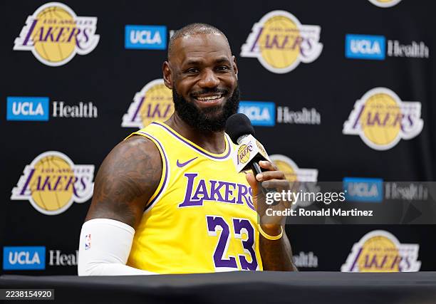 LeBron James of the Los Angeles Lakers speaks with the media during Los Angeles Lakers Media Day at UCLA Health Training Center on September 29, 2025...