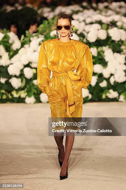 Bella Hadid walks the runway during the Saint Laurent Womenswear Spring/Summer 2026 show as part of Paris Fashion Week on September 29, 2025 in...