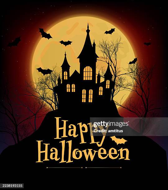 ilustraciones, imágenes clip art, dibujos animados e iconos de stock de castillo de halloween - halloween