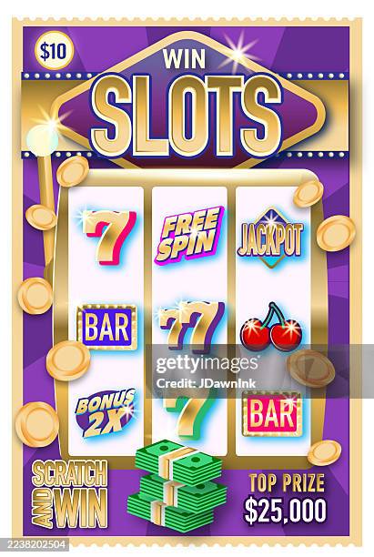 scratch lottery jackpot with slot machine scratch ticket design template on white background - coin operated stock illustrations