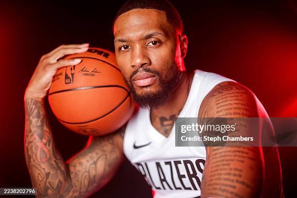 Damian Lillard of the Portland Trail Blazers poses for a portrait during media day at Moda Center on September 29, 2025 in Portland, Oregon. NOTE TO...
