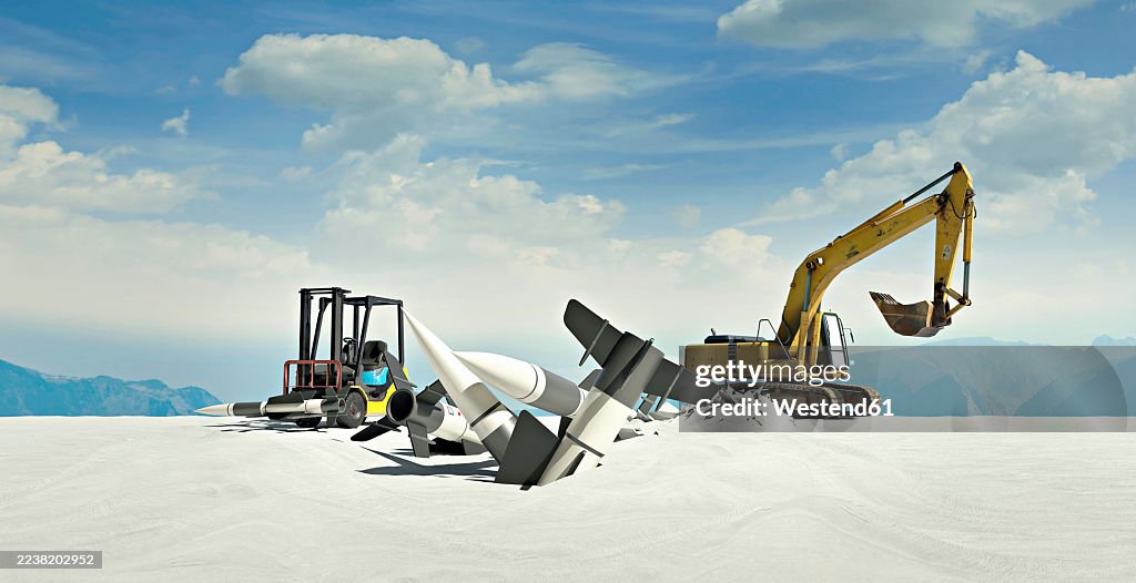 Excavator and forklift entombing military equipment in desert landscape