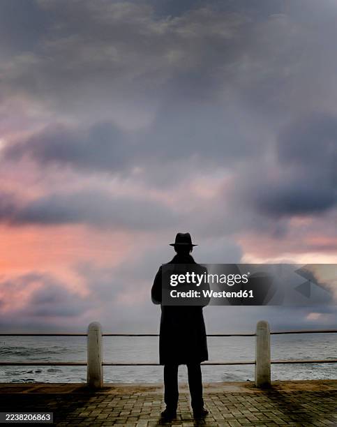 illustrations, cliparts, dessins animés et icônes de mysterious silhouette of man in long coat and hat facing the sea at sunset - manteau et veste