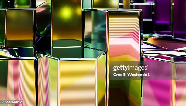 abstract 3d render of glowing colorful hexagonal geometry background - rainbow reflection stock illustrations