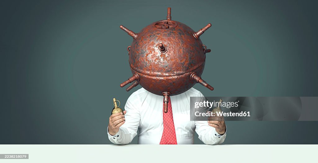 Businessman with mine head symbolising stress and mental breakdown
