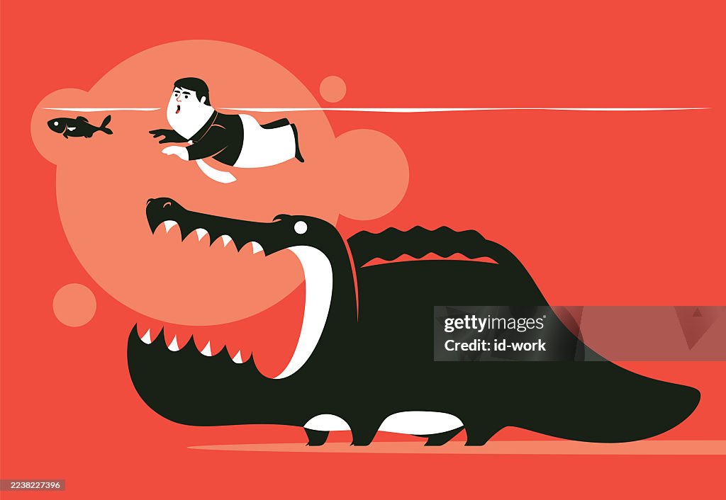 Crocodile finding businessman who following fish
