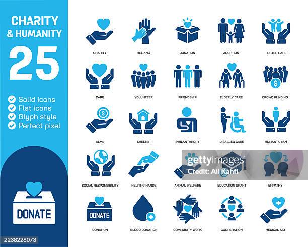 charity glyph solid icons. containing humanity, donation, care solid icons collection. vector illustration. perfect pixel on clean white background - selfless stock illustrations