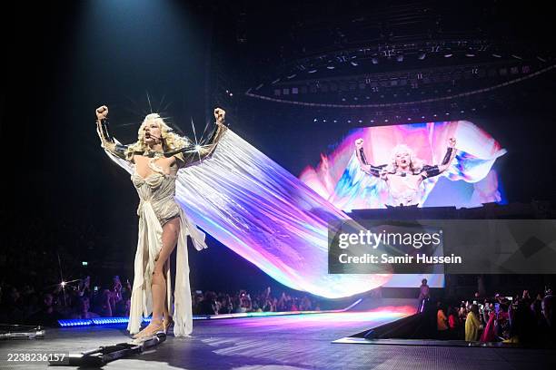 Lady Gaga performs on stage at The O2 Arena on September 29, 2025 in London, England.