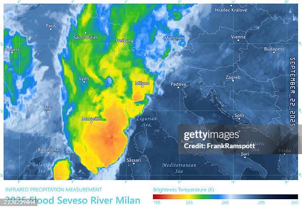 flood seveso river 20250922 precipitation map milan - weather radar graphic stock illustrations