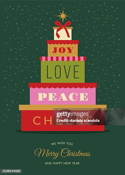 ilustraciones, imágenes clip art, dibujos animados e iconos de stock de árbol de navidad hecho de santa's gift sobre fondo verde. - adviento