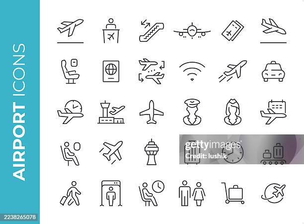ilustraciones, imágenes clip art, dibujos animados e iconos de stock de conjunto de iconos de aeropuerto. peso de trazo editable. iconos perfectos para píxeles. - torre de control de circulación aérea