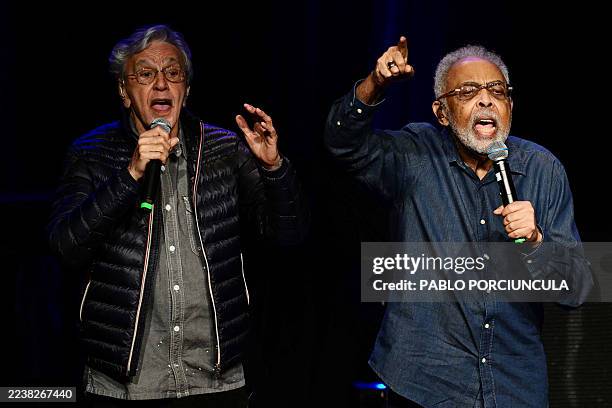 Brazilian musicians and songwriters Caetano Veloso and Gilberto Gil perform during a tribute to pianist Tenorio Jr. At the BNDES theater in Rio de...