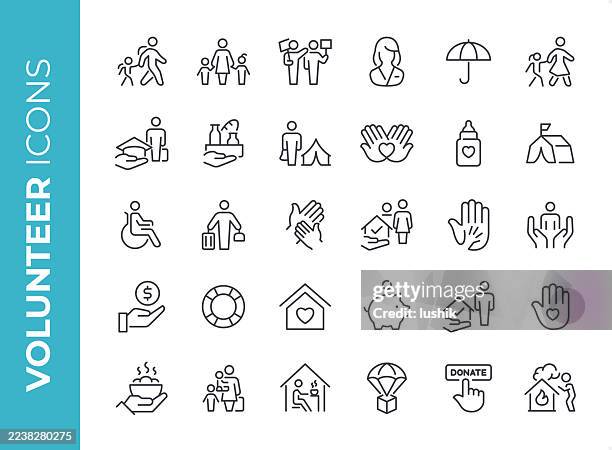 ilustraciones, imágenes clip art, dibujos animados e iconos de stock de conjunto de iconos de refugiados y voluntarios. peso de trazo editable. iconos perfectos para píxeles. - problemas de vivienda