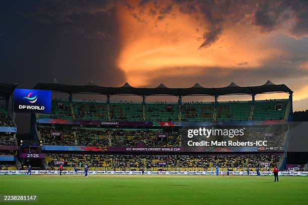 General view of play inside the stadium during the ICC Women's Cricket World Cup India 2025 match between India and Sri Lanka at Barsapara Cricket...