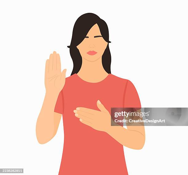 front view of woman swearing an oath. honesty, loyalty, promise and commitment concept - oath stock illustrations