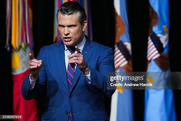 Secretary of War Pete Hegseth speaks to senior military leaders at Marine Corps Base Quantico on September 30, 2025 in Quantico, Virginia. In an...