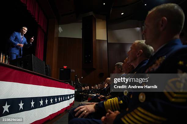 Secretary of War Pete Hegseth speaks to senior military leaders at Marine Corps Base Quantico on September 30, 2025 in Quantico, Virginia. In an...