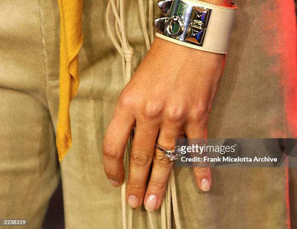Jennifer Lopez' ring during her appearance on MTV's Spankin New Music Week on TRL in the MTV Times Square Studio in New York City, November 5, 2002....