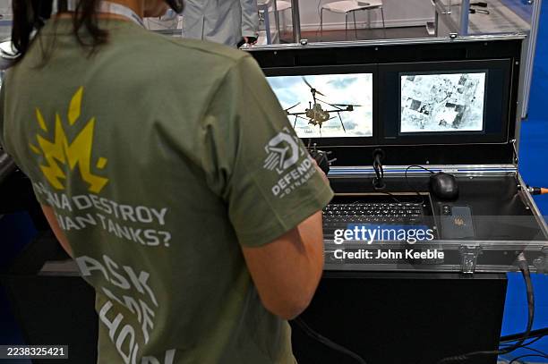Drone command control centre console is displayed at the Ukrainian Global Mark, Sky Defenders of Ukraine exhibition stand during the Space Autonomy,...