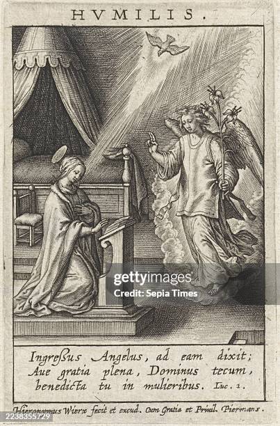 Virtue of the Lowly, Hvmilis , Examples of Virtue , Typvs Castitatis , The Annunciation. Maria is kneeling behind her desk. She is visited by the...