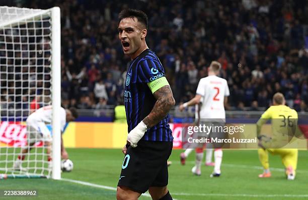 Lautaro Martinez of FC Internazionale celebrates after scoring their team's third goal during the UEFA Champions League 2025/26 League Phase MD2...