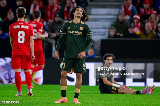 Utrecht's Belgian midfielder Alonzo Engwanda and FC Utrecht's Spanish forward Miguel Rodriguez react during the UEFA Europa League first round day 2...