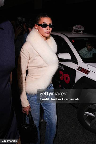 Hailey Bieber is seen during the Womenswear Spring Summer 2026 as part of Paris Fashion Week on September 30, 2025 in Paris, France.