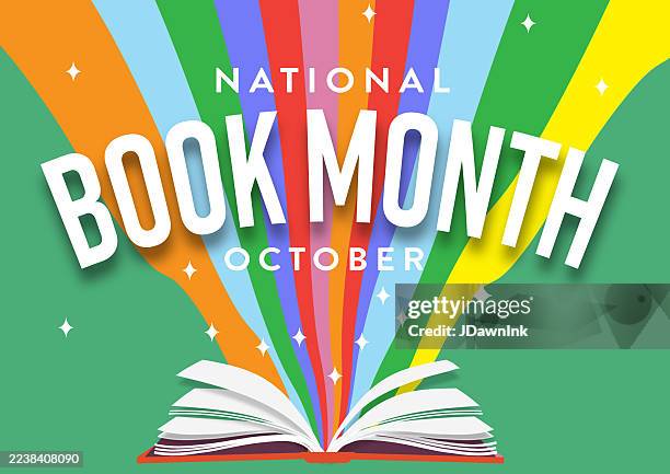 national book month october web banner design template with open book and colors flowing out of it - open book background stock illustrations
