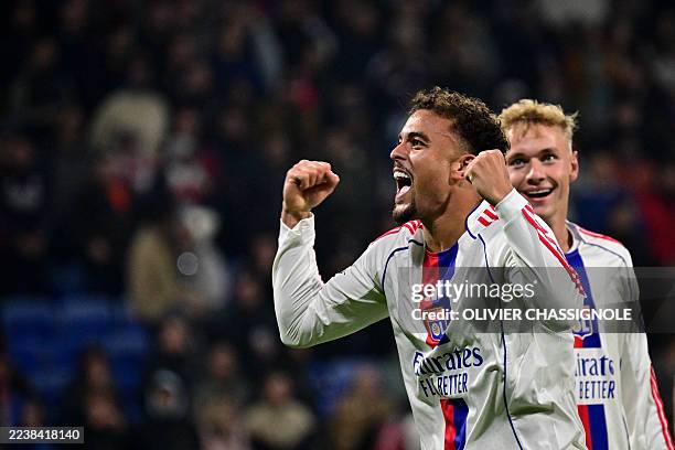 Lyon's Dutch defender Ruben Kluivert celebrates after scoring Lyon's second goal during the UEFA Europa League first round day 2 football match...