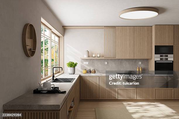 japandi countryside kitchen with matte pine cabinetry and open layout - kitchen imagens e fotografias de stock