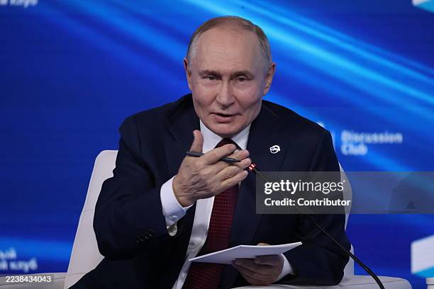 Russian President Vladimir Putin speaks during an annual plenary session of the Valdai Discussion Club, on October 2, 2025 in Sochi, Russia. The...