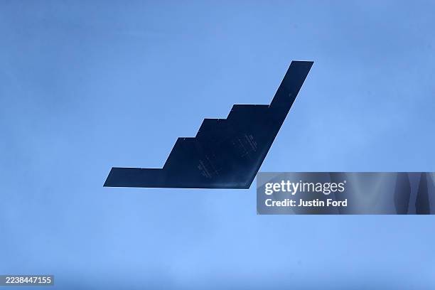 Stealth bombers flies over Vaught-Hemingway Stadium before the game between the Mississippi Rebels and the LSU Tigers at Vaught-Hemingway Stadium on...